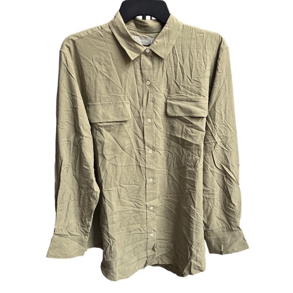 Everlane The Washable Silk Relaxed Button Down Shirt Covert Green Size 14 - Picture 1 of 8
